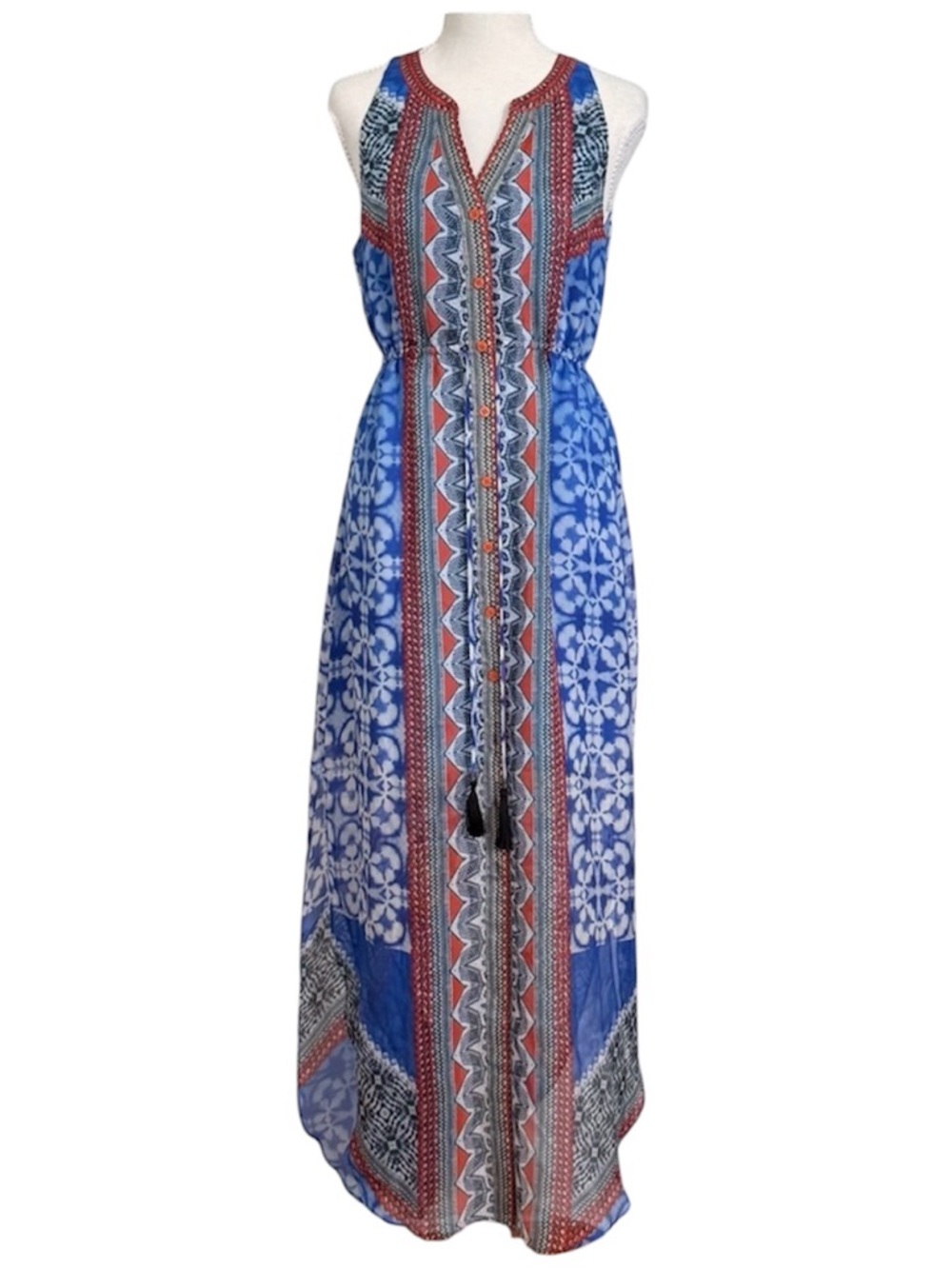 Hale Bob - Like New - Blue and Red Patterned Maxi Dress - Women’s Size S
